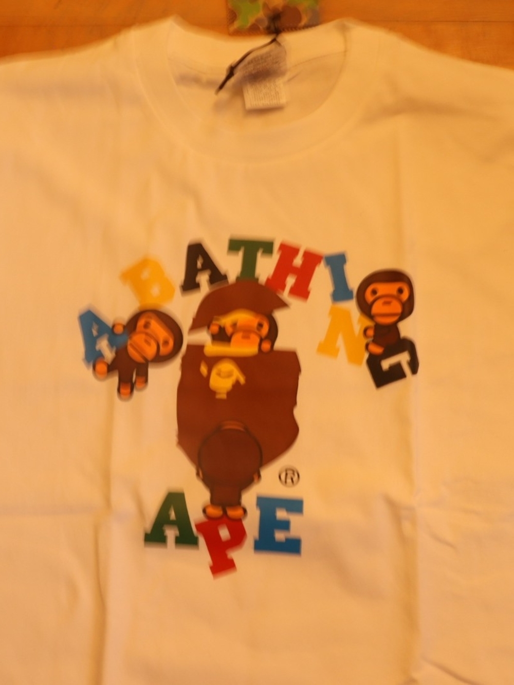 Bape White Tee with Multicolor Logo Ape Graphic